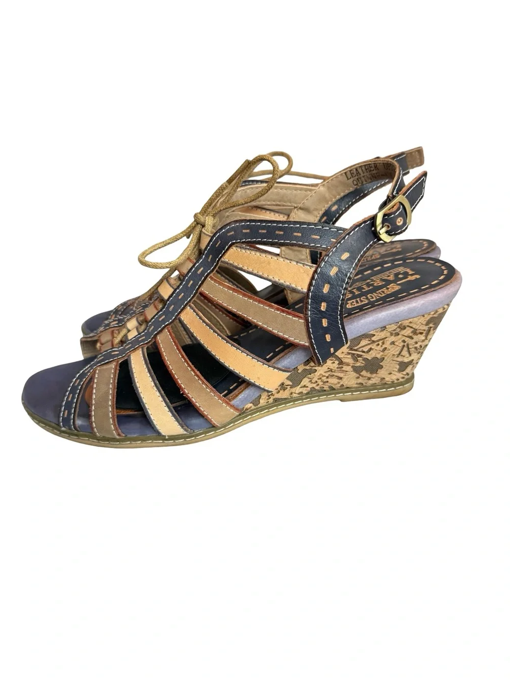 L'Artiste x Spring Step Navy Tan Leather Lace Up Wedge Sandals Size 10.5 Women's